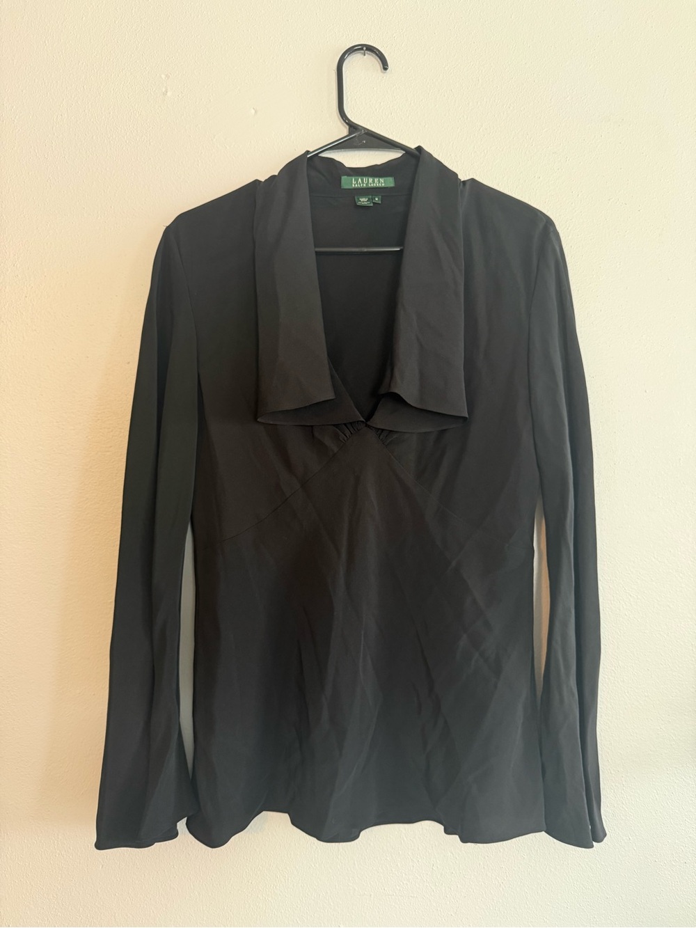 Lauren Ralph Lauren 100% Silk Black Draped V-Neck Blouse Size M